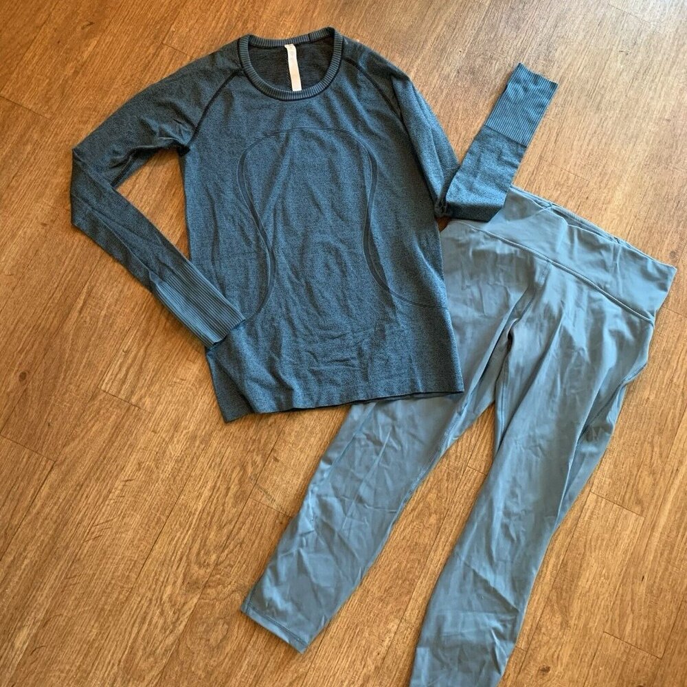 Lululemon Set Matching Workout Light Green Leggings Size 12 Long sleeve Top 10
